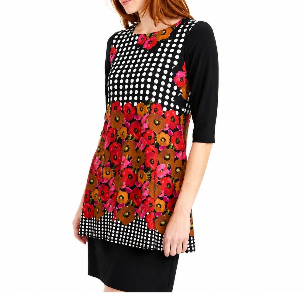 Joseph Ribkoff NWT Floral Polka Dot Shift Dress Size 8 3/4 Sleeve Made in Canada